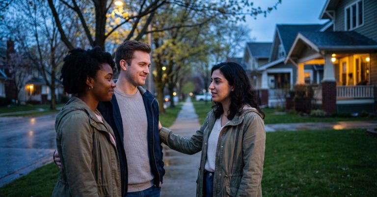 Friends gather on a quiet evening sidewalk to check on someone caught in anxious, repetitive worry, a common OCD or anxiety pattern in Portage, MI.