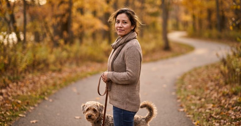 A woman walks her dog along a golden autumn path, finding quiet relief from Pure O intrusive thoughts in Portage, MI.